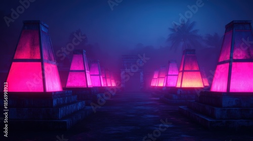 A mystical, illuminated landscape featuring glowing pink structures amidst a foggy setting with palm trees.