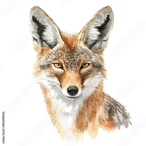 Jackal, watercolor illustration featuring soft shadows and luminous, isolated on a white background.