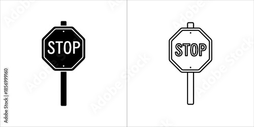 Matching stop sign vector icons with modern line art outline and bold solid silhouette design
