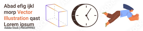 Time management, motion, design concepts, multitasking, workflow, productivity. A clock, a transparent 3D box dynamic figure and text elements. Time management and motion