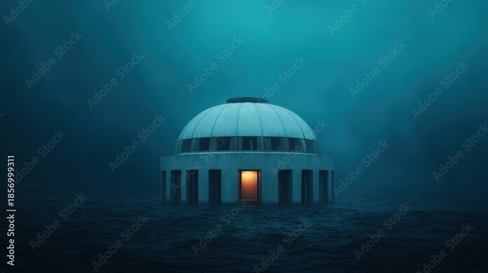 Fototapeta premium A solitary dome structure emerges from dark waters, illuminated by a warm glow from an open door, creating an eerie yet intriguing atmosphere.