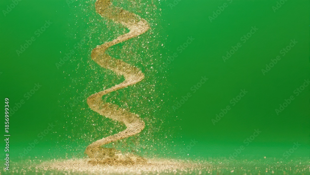 Obraz premium Abstract swirling golden particles forming a DNA helix shape against a vibrant green background.