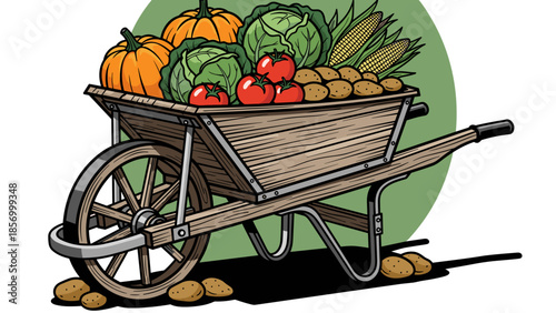 Vibrant Vegetables and Fruits in Wooden Wheelbarrow.