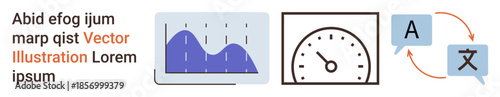 Data analysis, speed monitoring, language translation, workflow management, global communication, productivity. A graph, speedometer and translation icons. Data analysis and speed monitoring