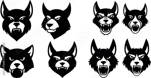 Black and white wolf head icons in fierce and calm expressions vector illustration set 