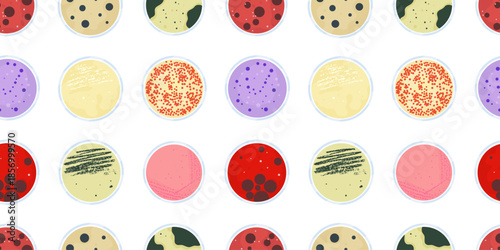 Seamless pattern of colorful Petri dishes with bacterial colonies. Science, microbiology, and lab background.
