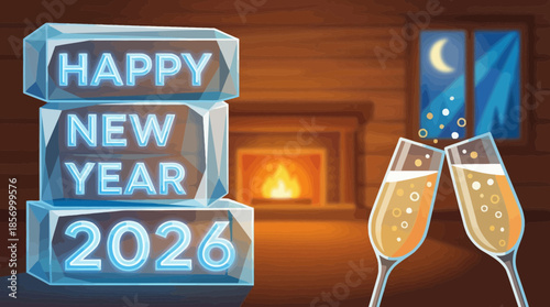 Cozy happy new year 2026 celebration with champagne flutes near a fireplace and window showcasing a crescent moon, vector illustration