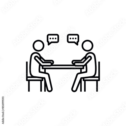 Two people talking at a table with speech bubbles, business meeting icon