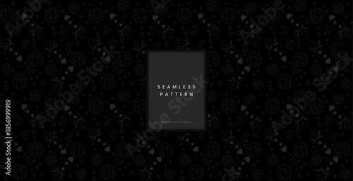 Seamless monochrome pattern with hand drawn space rocket ship moon and stars doodle on black background for kids fabric or gift wrap