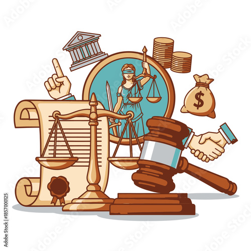 Justice and Law Concept: Scales, Gavel, Lady Justice, Courtroom, Money Bag, Handshake