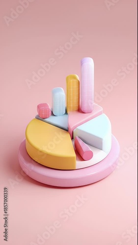 Abstract Colorful Pie Chart with Cylindrical Elements on Pink Background.