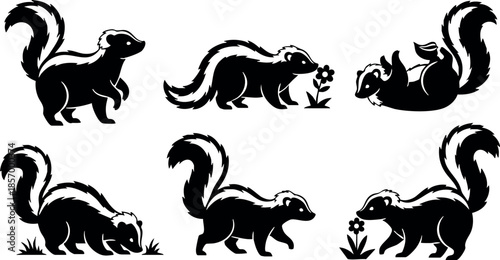 Skunk animal silhouette vector set in various playful poses and natural activities 