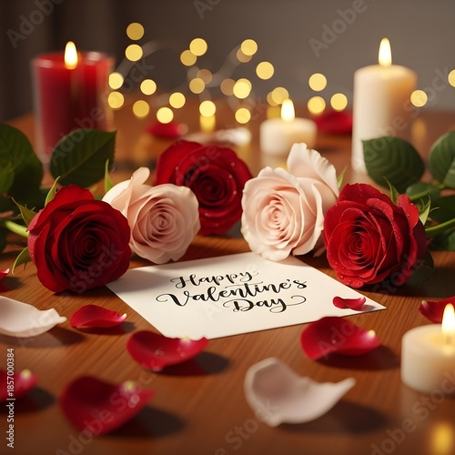 Romantic Valentines greeting card scene featuring roses candles fairy lights calligraphy message elegant love atmosphere cinematic lighting premium realism heartfelt celebration design moods