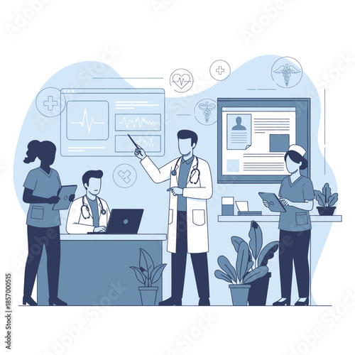 Medical team in meeting, doctor presenting data on screen, healthcare professionals collaborating