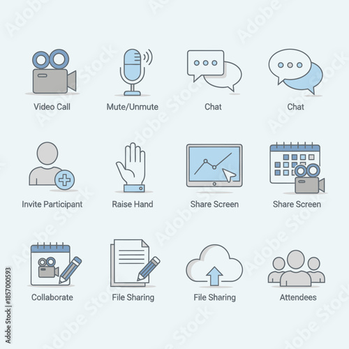 Online Meeting Icons: Video Call, Chat, Share Screen, Collaboration, File Sharing, Attendees