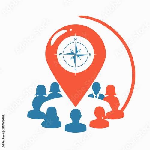 Teamwork Navigation: People Around Compass Map Pin - Business Direction Concept