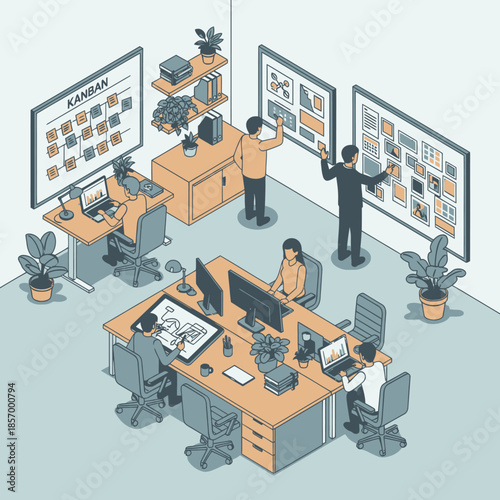 Isometric Office Teamwork: Kanban Board, Project Planning, Collaboration, Brainstorming