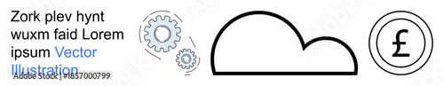 Cloud computing, financial technology, currency exchange, automation, digital services, cloud storage. A cloud, gears and British pound sign are displayed. Cloud computing and financial technology