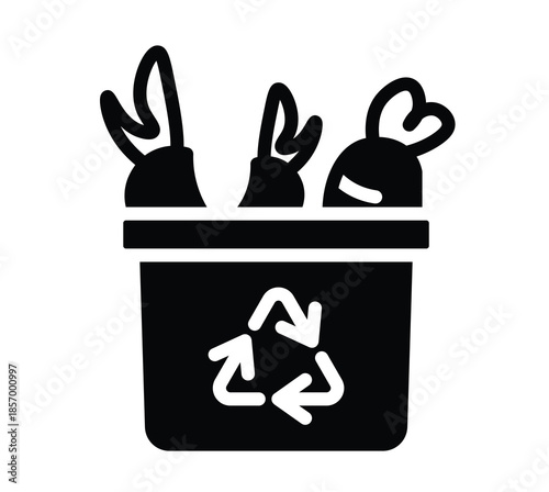 Black and White Icon of Recycling Bin with Carrots for Waste Management