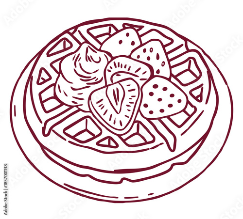 Hand drawn illustration of a Belgian waffle topped with fresh sliced strawberries and and a dollop of whipped cream. Clean line art perfect for menu design, breakfast branding, and food blogs.