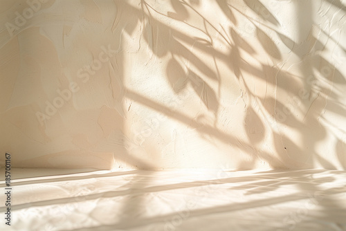 Minimal sunlit wall with soft window shadows and neutral texture. calm, modern aesthetic suitable for branding, wellness, lifestyle, editorial design, and product mockups.