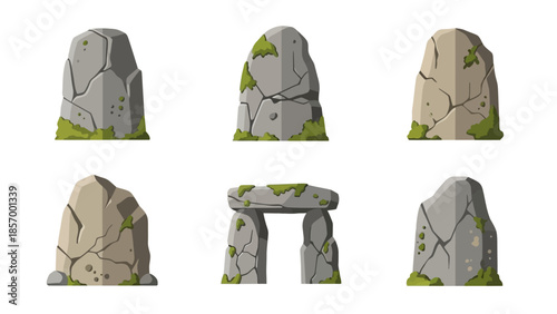 Set of stone monuments ancient structures isolated on white background