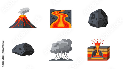 Volcanoes and geological elements illustration set erupting lava flow concepts