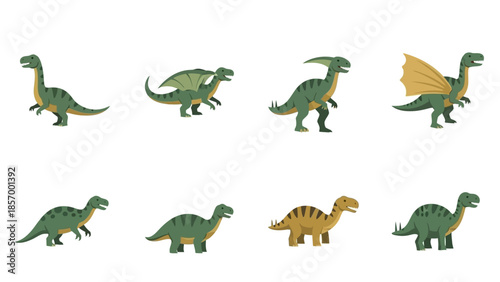 Set of cartoon dinosaurs illustrations various green and yellow prehistoric creatures