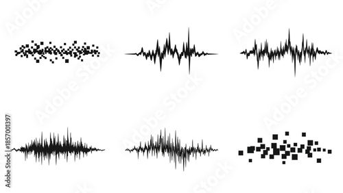Abstract sound waveforms in black and white representing audio signals