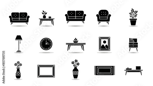 Black and white vector illustrations of furniture and interior elements