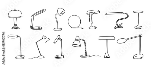 Set of lamps of different shapes and sizes. Table lamp, floor lamp, night light. Cozy home. Interior items. Hand drawn
