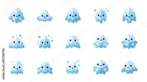 Set of cartoon snow creatures with wintery embellishments on white