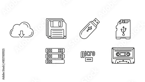 Data storage icons set cloud disk usb sd card server microchip tape