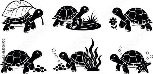 Turtle Silhouettes Vector Illustration Showing Different Turtle Poses and Environments 