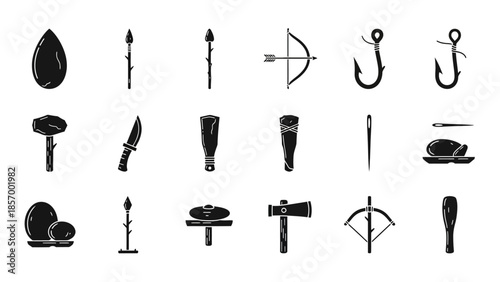 Set of black and white vector illustrations of hunting tools and symbols