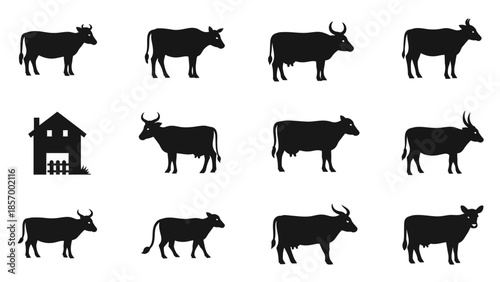Black silhouette cow collection and house illustration isolated on white