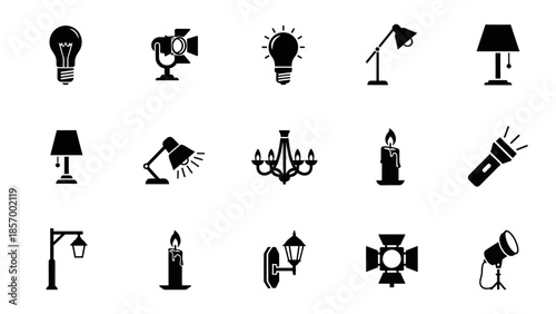 Set of various lamps and light fixtures black and white icons