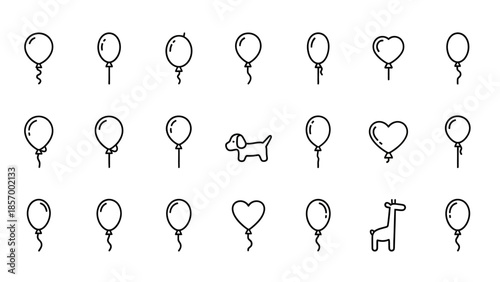 Set of various simple black and white balloons and animal icons