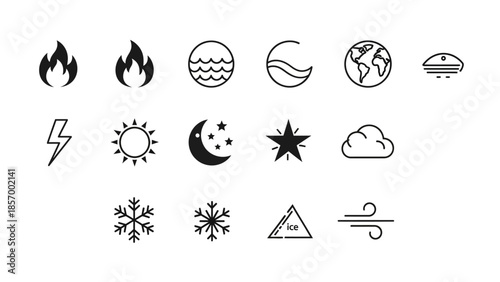 Minimalist icon set representing nature and environmental elements