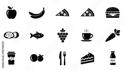 Black and white food icons set representing diverse healthy meal options