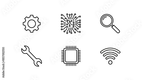 Set of tech icons gear circuit board magnifying glass wrench cpu wi fi