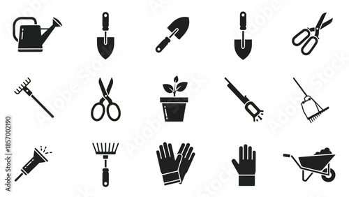 Garden tools silhouettes watering can shovels scissors rake gloves cart