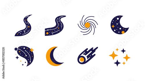 Cosmic illustrations celestial bodies and space elements on white background