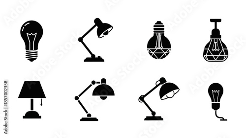 Set of various lamp designs in black and white silhouette style