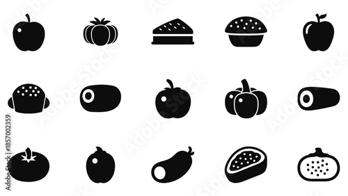 Black and white food icons apples pumpkin cake and more on white background