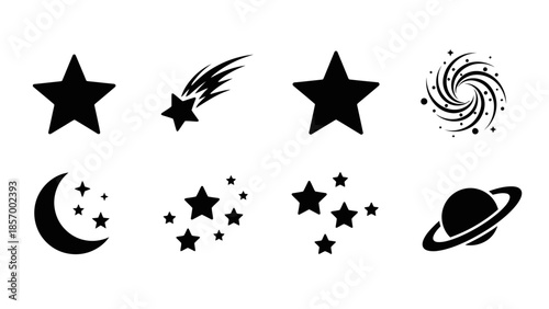 Black and white celestial body icons set for astronomy and space concepts