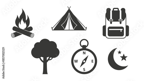 Camping icons tent backpack fire compass tree and moon illustrations