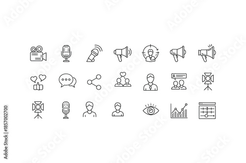 Public Relations and Social Media Marketing Line Icon Set for Content Creators and Digital Strategy