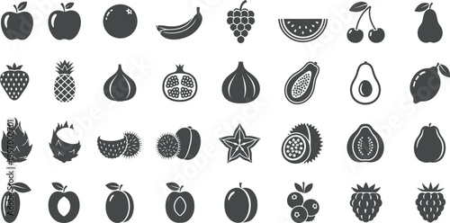 A collection of 30 various fruit illustrations in black and white