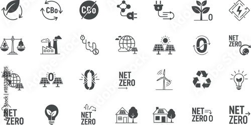 Collection of net zero carbon emission icons and logos